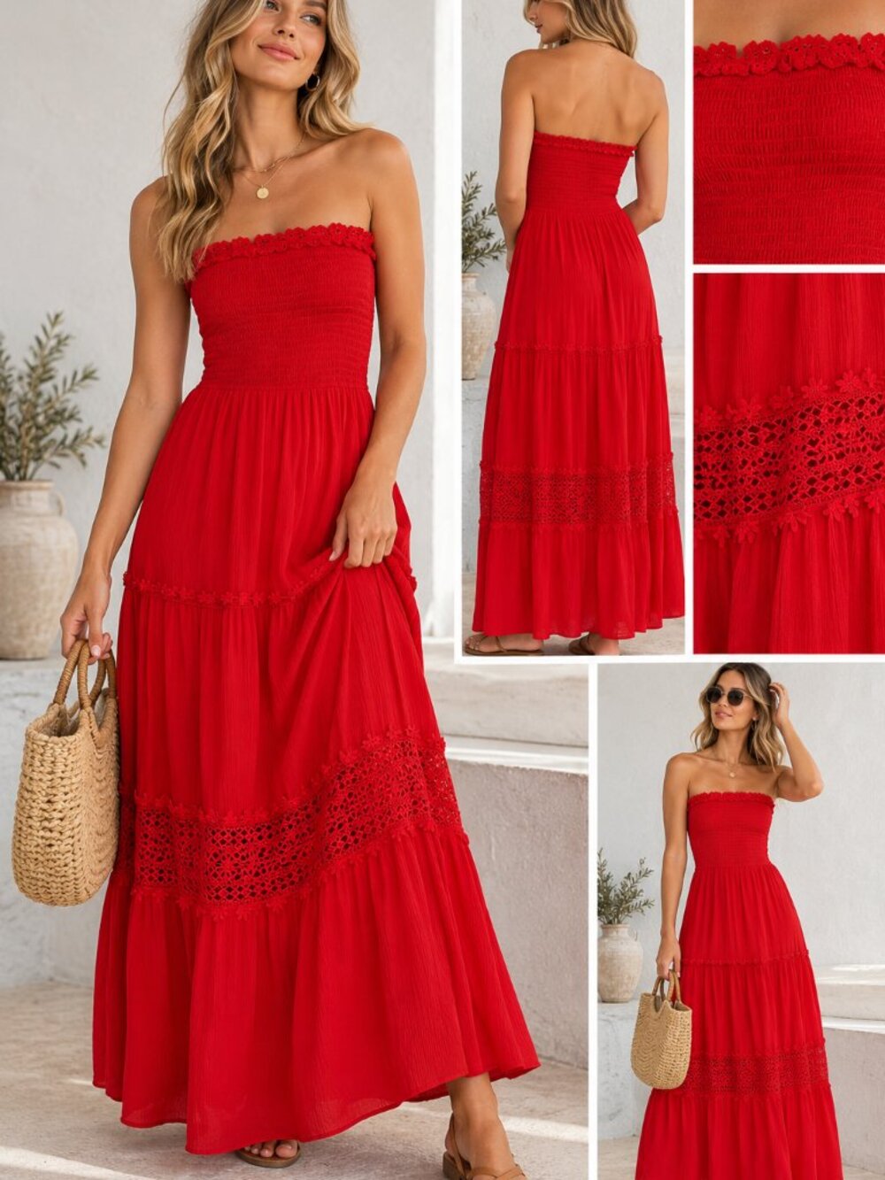 ZESICA Red Strapless Smocked Maxi Dress Size L